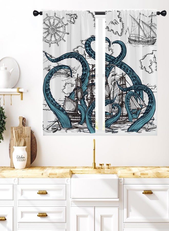 Coxila Octopus Kitchen Window Curtains 27.5 x 39 Inch Small Short Mini Cafe Rod Pocket Nautical Coastal Ocean Cool Kraken Gothic Living Bedroom Room Home Treatment Set of 2 Curtain Panels Drapes Tiers - Image 1